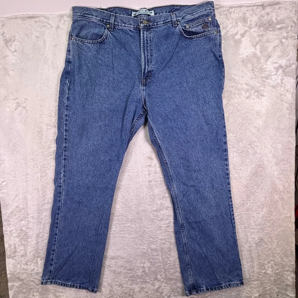 Harley Davidson Mens Jeans 44x32 Blue Straight Leg Denim Embroidered Logo 99026N